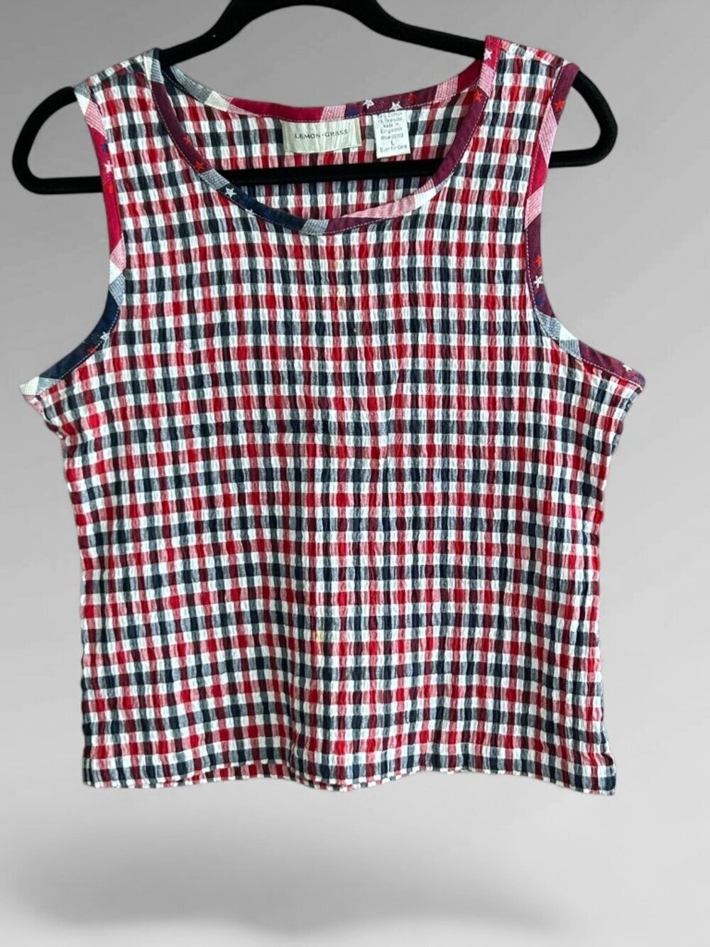 Lemon Grass Seersucker Gingham Tank Patriotic Red Blue Plaid Size Large